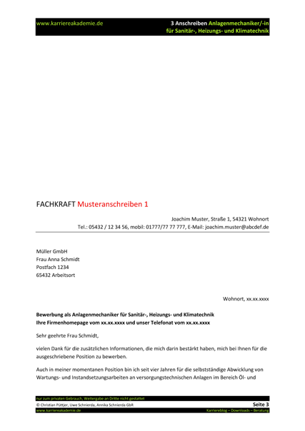 3 X Anschreiben Anlagenmechaniker Anlagenmechanikerin Shk