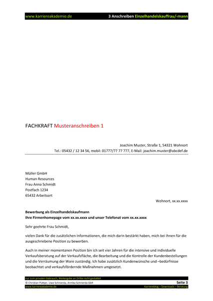 3 X Anschreiben Einzelhandelskaufmann Einzelhandelskauffrau Karriereakademie