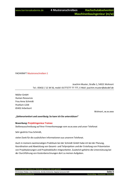 4 X Anschreiben Absolvent Ingenieur Maschinenbau Mw