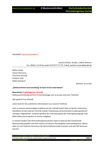 4 X Anschreiben Absolvent Vertriebsingenieur M W Karriereakademie