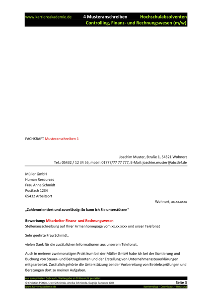 4 X Anschreiben Absolvent Controlling Finanz Und Rechnungswesen M