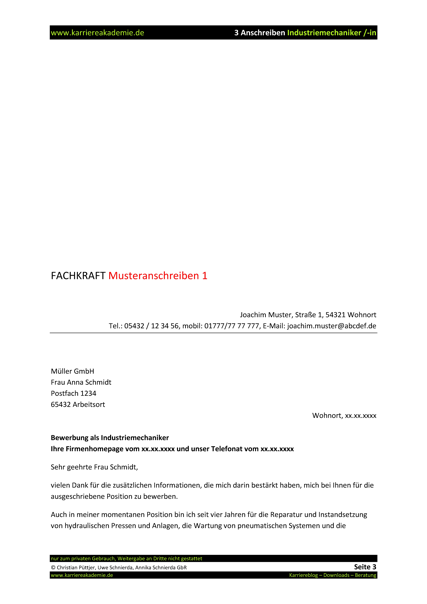 3 X Anschreiben Industriemechaniker Industriemechanikerin