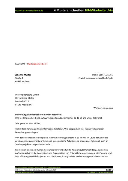 Bewerbung Empfehlung Durch Mitarbeiter Muster 4 x Anschreiben Muster HR-Mitarbeiter/in | Karriereakademie
