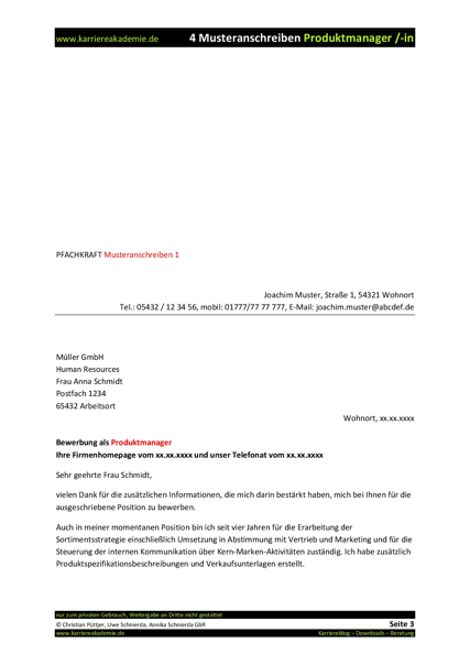 4 X Anschreiben Fachkraft Produktmanagement Produkt Markt Experte M W Karriereakademie