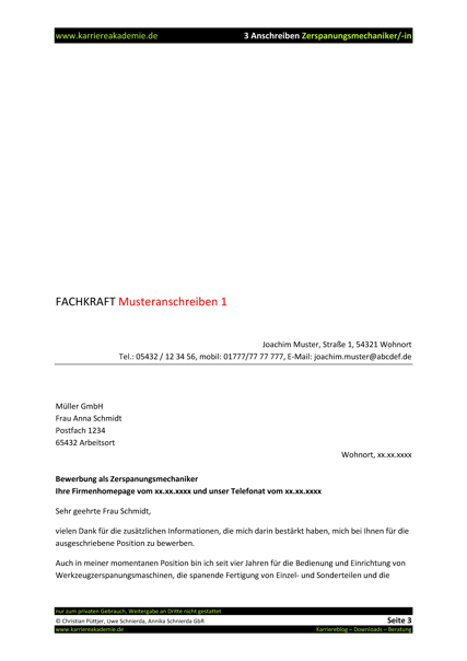 3 X Anschreiben Zerspanungsmechaniker Zerspanungsmechanikerin