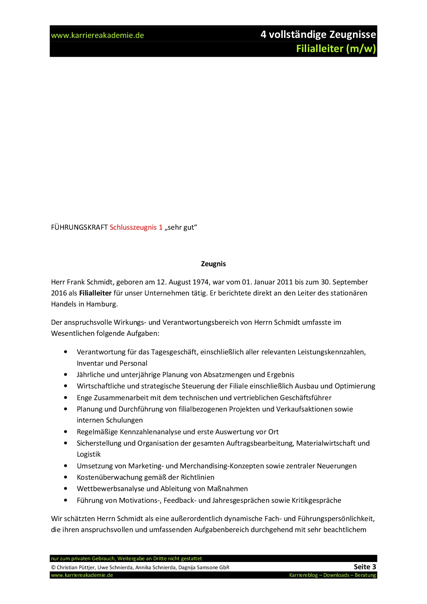 4 X Arbeitszeugnis Filialleiter M W Karriereakademie