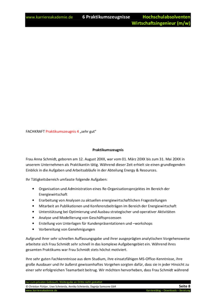 6 X Praktikumszeugnis Muster Wirtschaftsingenieur M W Karriereakademie