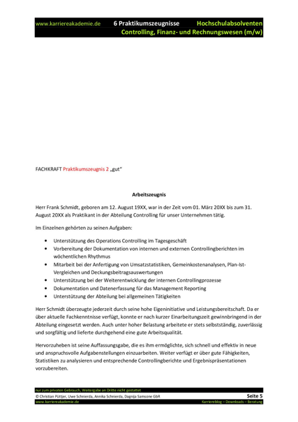 6 X Praktikumszeugnis Muster Wirtschaftswissenschaften Controlling