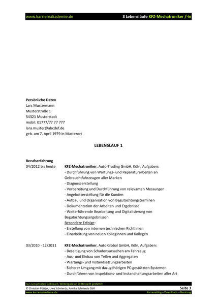 3 X Lebenslauf Kfz Mechatroniker Kfz Mechatronikerin Karriereakademie