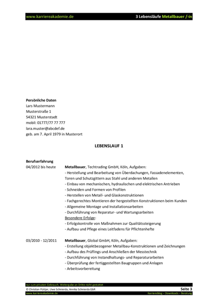 3 X Lebenslauf Metallbauer Metallbauerin Karriereakademie