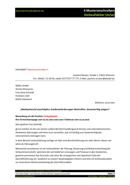 4 X Anschreiben Verkaufsleiter M W Karriereakademie Bewerbungsschreiben Vertriebsleiter