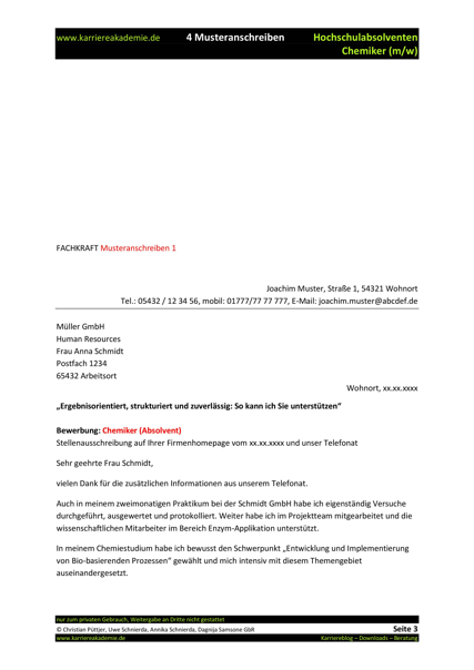 4 X Anschreiben Absolvent Chemie M W Karriereakademie