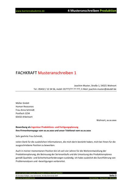 4 X Anschreiben Ingenieur Produktions Und Fertigungsplanung Mw