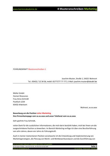 4 X Anschreiben Leiter Marketing Mw Karriereakademie