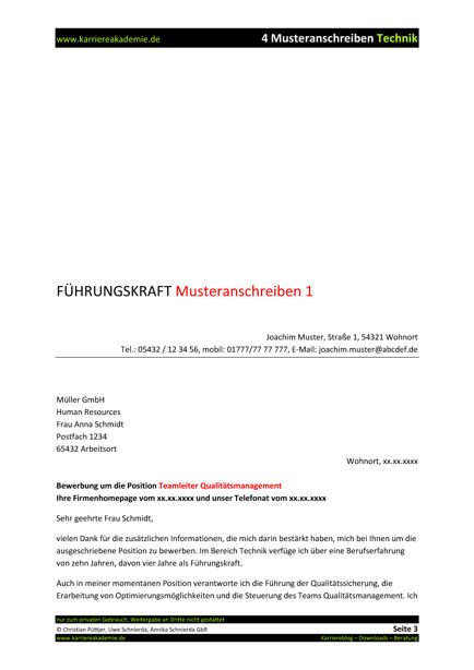 4 X Anschreiben Teamleiter Qualitatsmanagement M W Karriereakademie